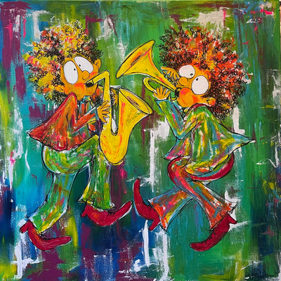 Saxofon og trompet (100x100cm)