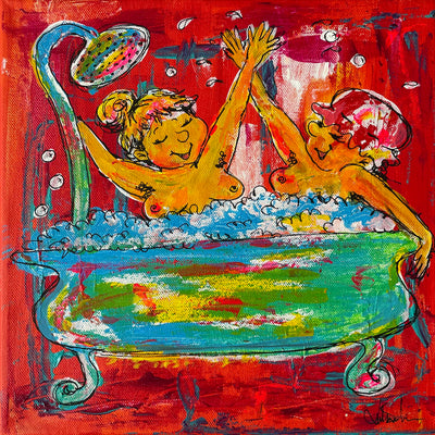 To tykke damer i brusebadet (30x30cm)